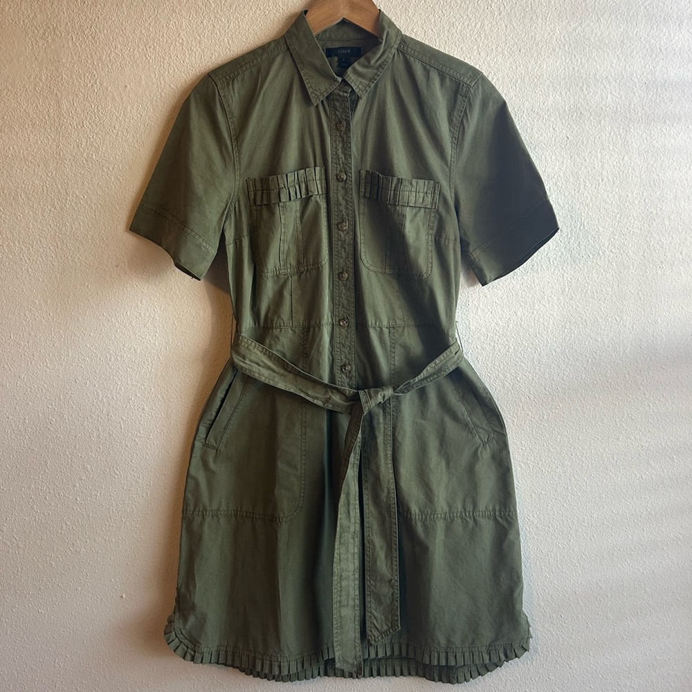 J. Crew Forest Green Ruffle Hem Utility Dress